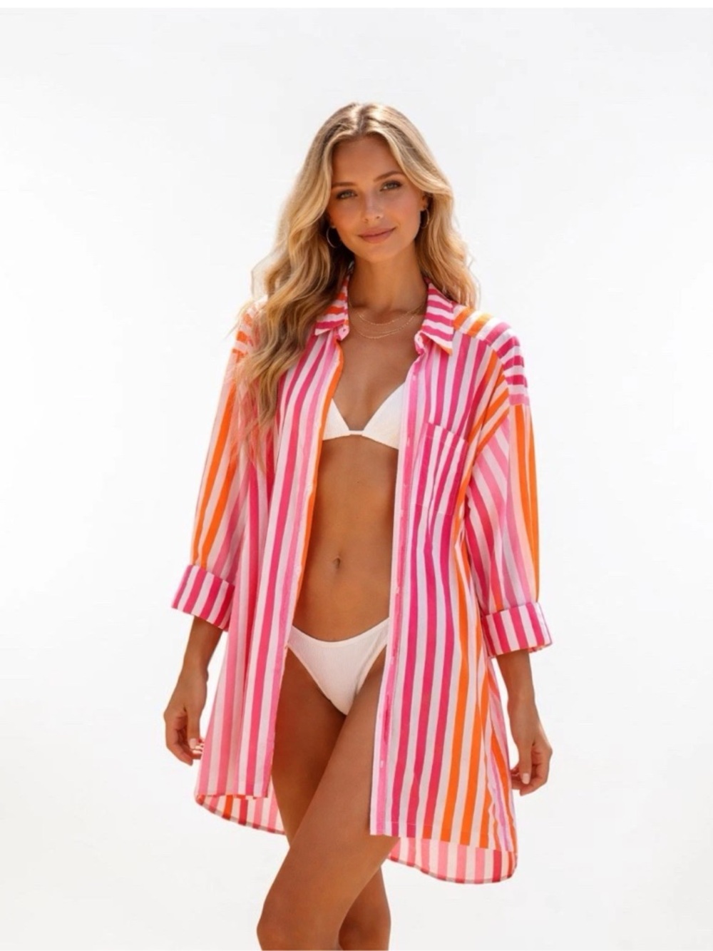 Beach Riot Alexa Striped Oversized Button Down Shirt Pink & Orange Size S/M